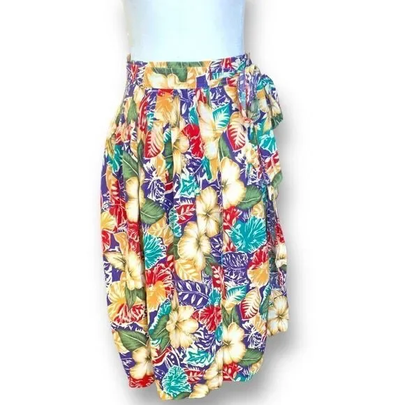 Vintage 90s Petite Skirt Colorful Tropical Hibiscus Floral Midi Wrap Bow Detail - Picture 10 of 10